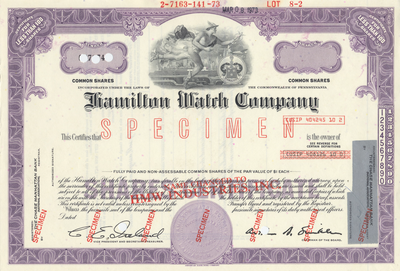 Hamilton Watch Company Specimen Stock Certificate