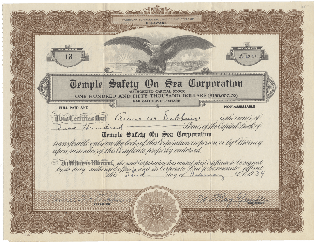 Temple Safety on Sea Corporation Stock Certificate