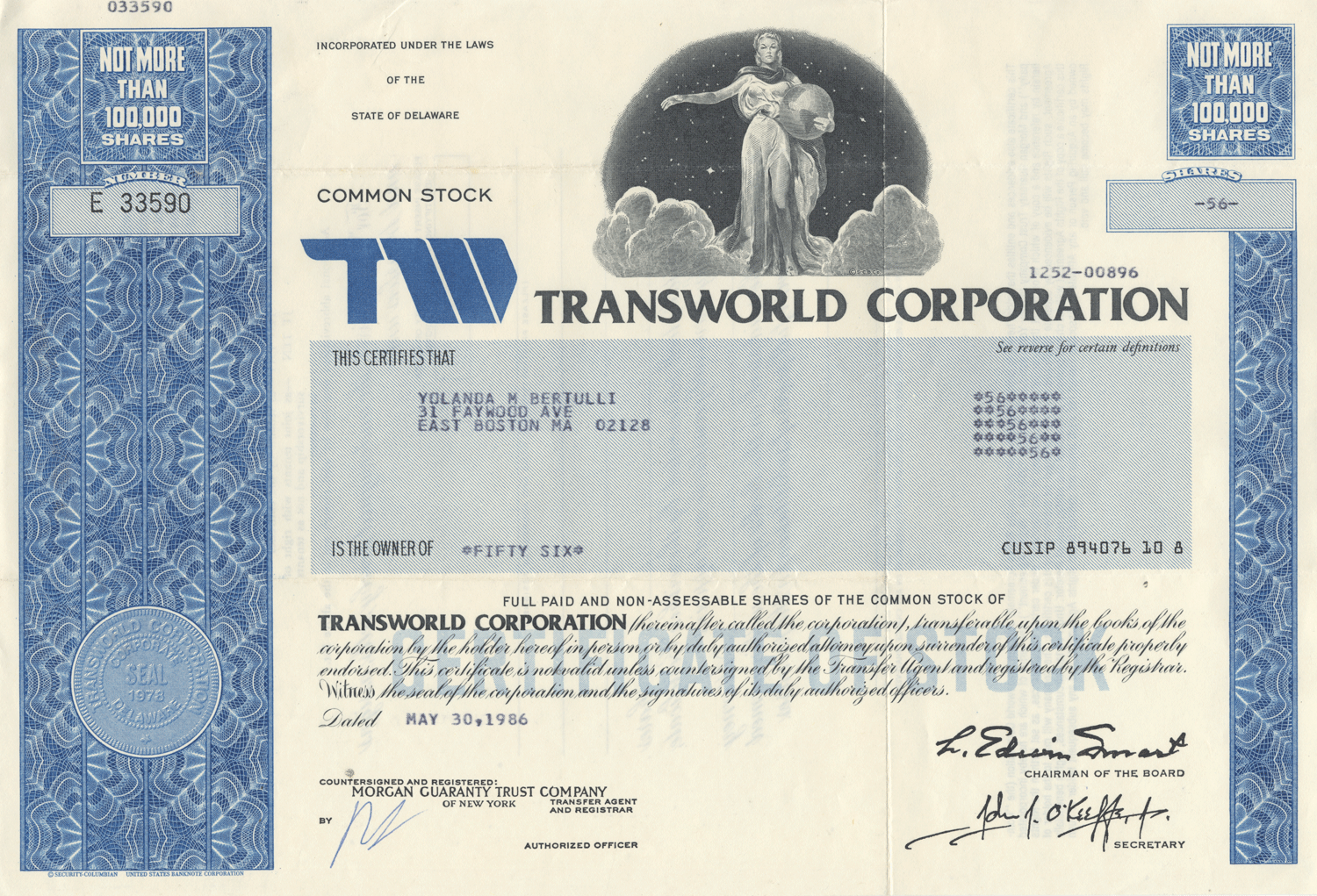 Transworld Corporation (TWA) Stock Certificate Ghosts of Wall Street