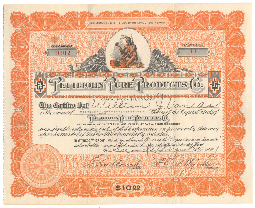 Pettijohn Pure Products Co. Stock Certificate