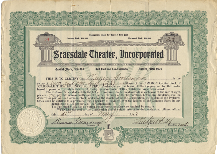 Scarsdale Theater, Incorporated Stock Certificate