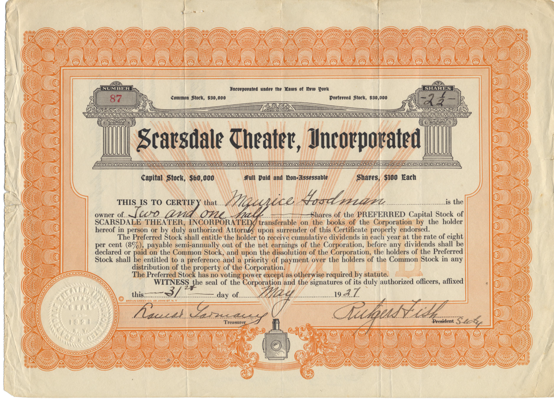 Scarsdale Theater, Incorporated Stock Certificate