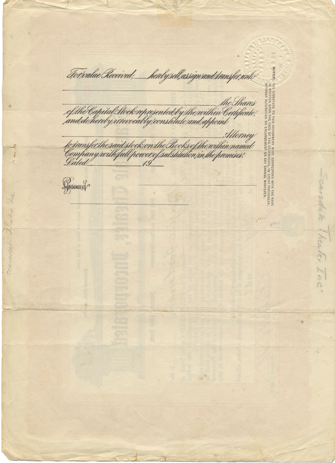 Scarsdale Theater, Incorporated Stock Certificate