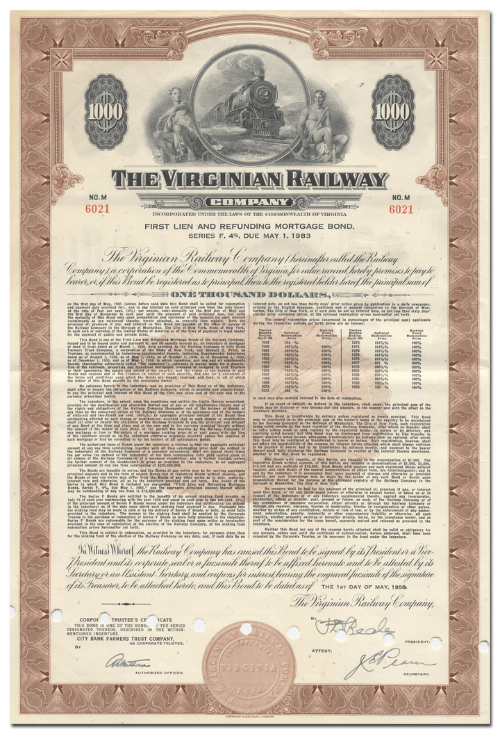 Virginia Railway Company Bond Certificate