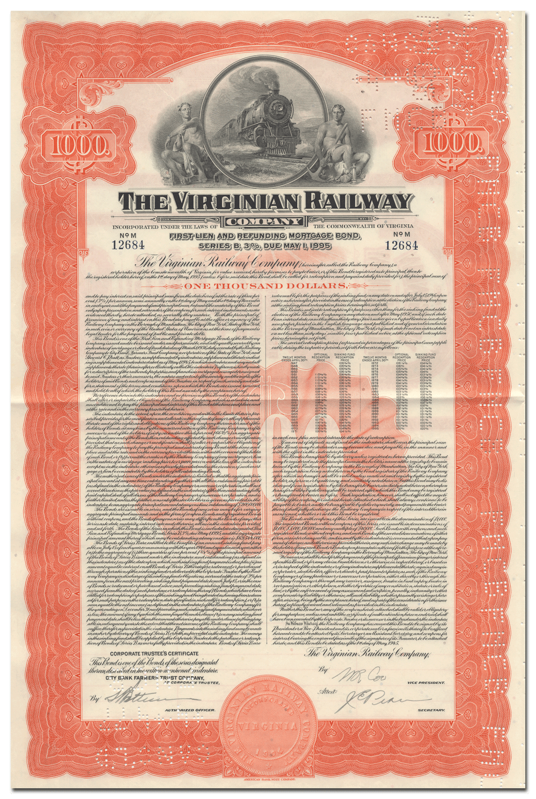 Virginia Railway Company Bond Certificate