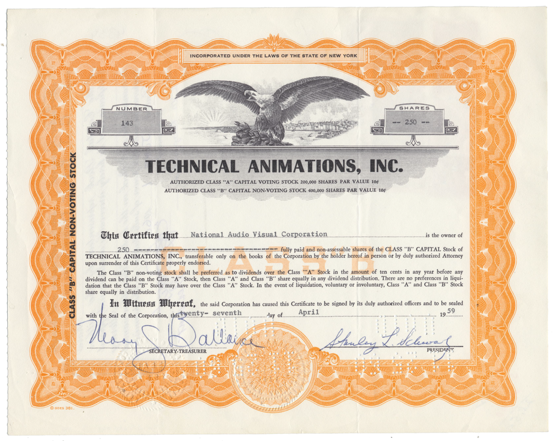 Technical Animations, Inc. Stock Certificate