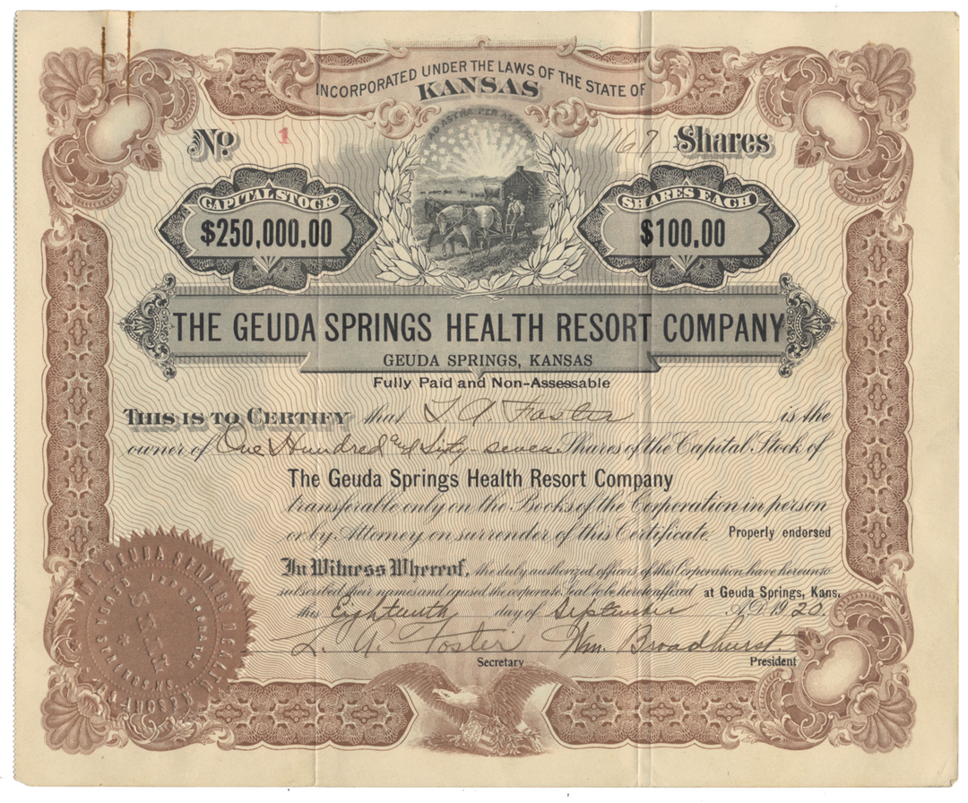 Geuda Springs Health Resort Company Stock Certificate