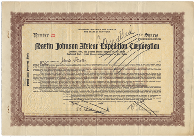 Martin Johnson African Expedition Corporation Stock Certificate
