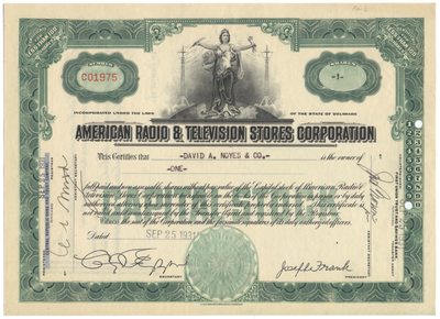 American Radio & Television Stores, Inc. Stock Certificate