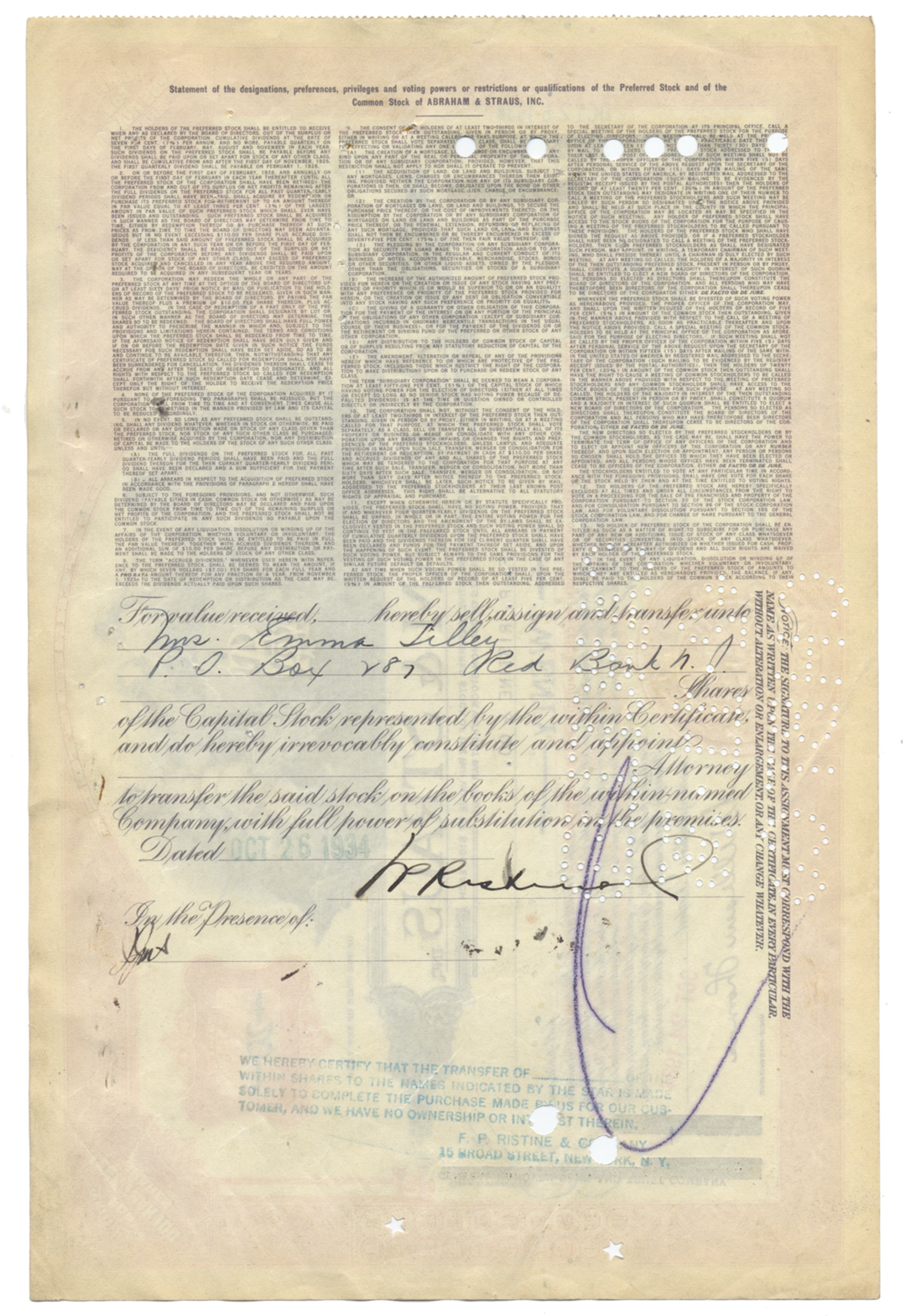 Abraham & Straus, Inc. Stock Certificate