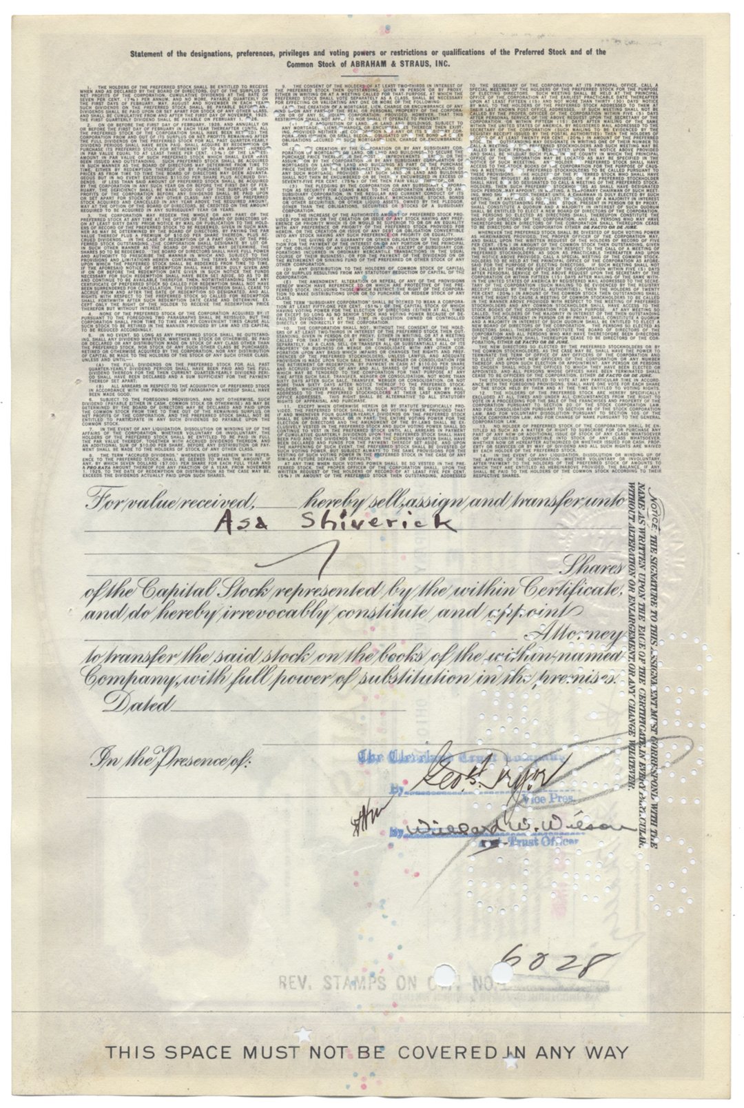 Abraham & Straus, Inc. Stock Certificate