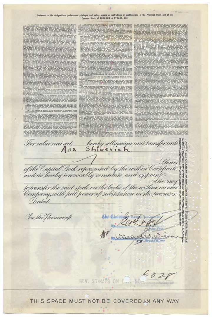 Abraham & Straus, Inc. Stock Certificate