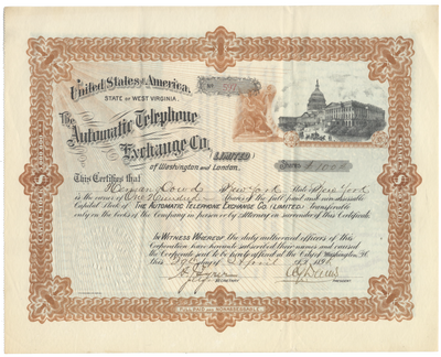 Automatic Telephone Exchange Co. Stock Certificate