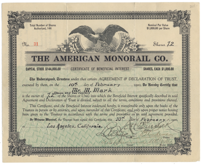 American Monorail Co. Stock Certificate