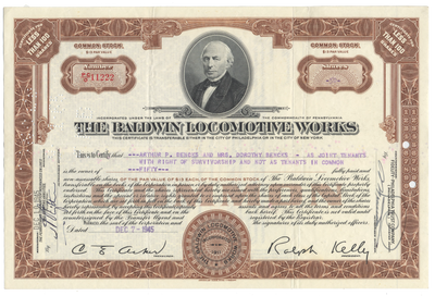 Baldwin Locomotive Works Stock Certificate