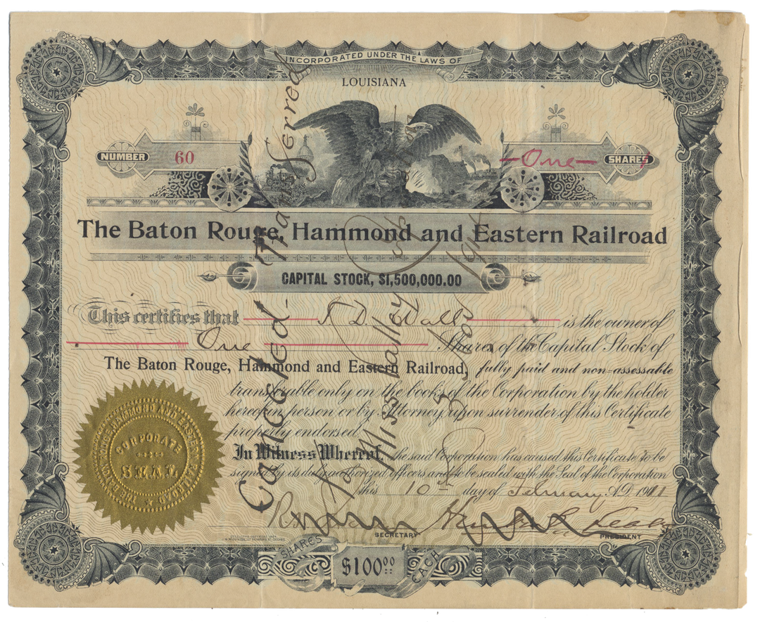 Baton Rouge, Hammond and Eastern Railroad Company Stock Certificate