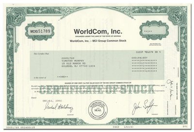WorldCom, Inc. Stock Certificate