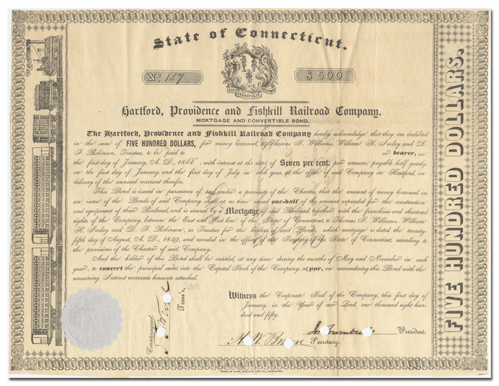 Hartford, Providence and Fishkill Railroad Company Bond Certificate