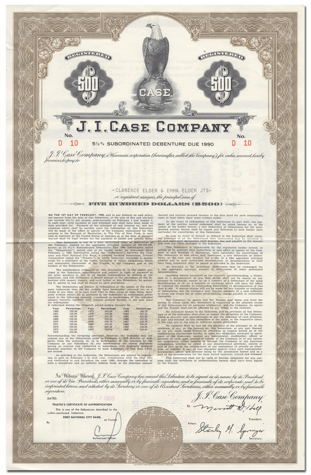 J. I. Case Company Bond Certificate