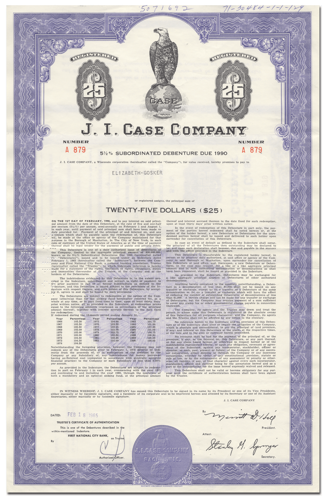 J. I. Case Company Bond Certificate