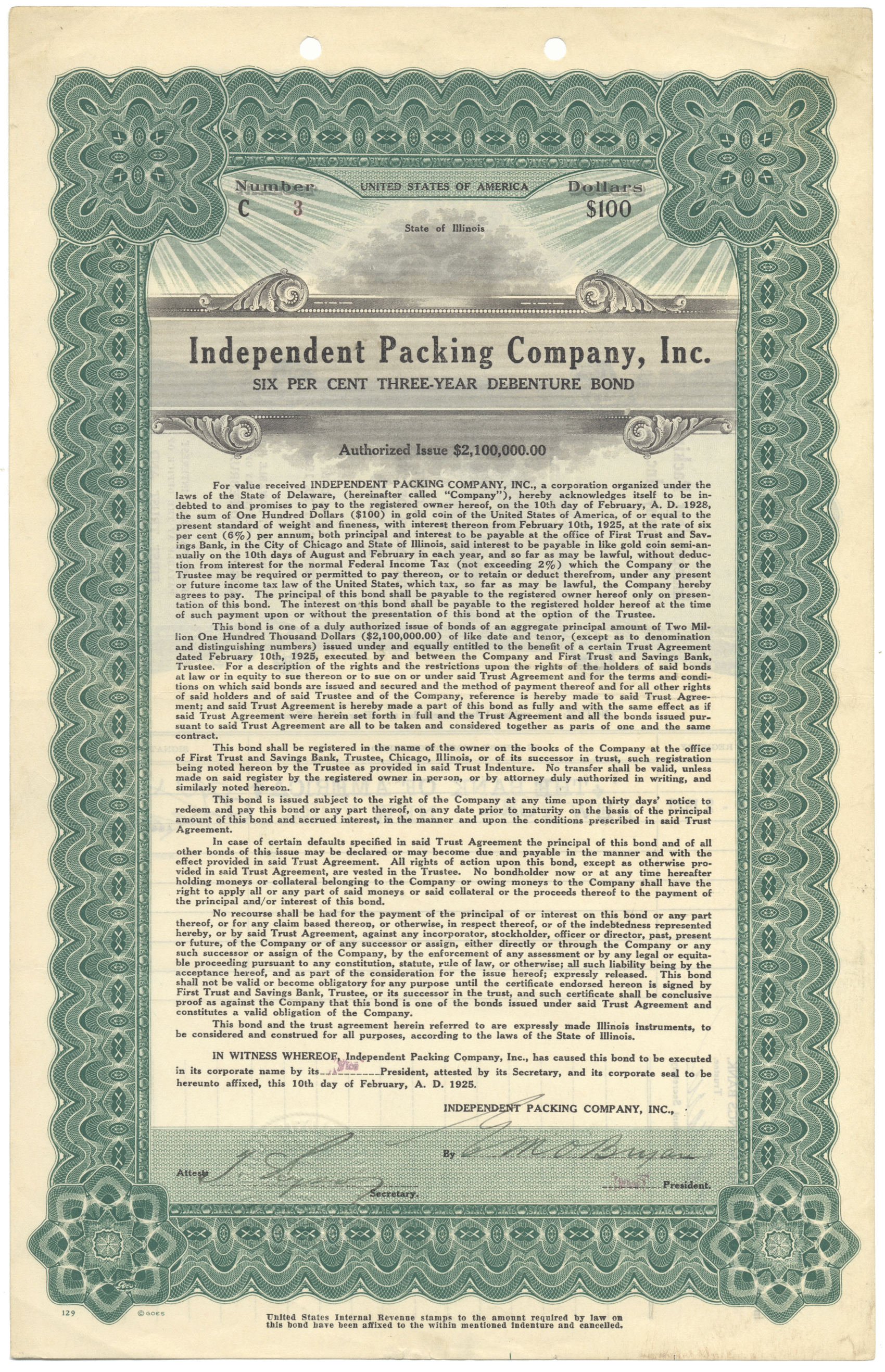 Independent Packing Company, Inc. Bond Certificate