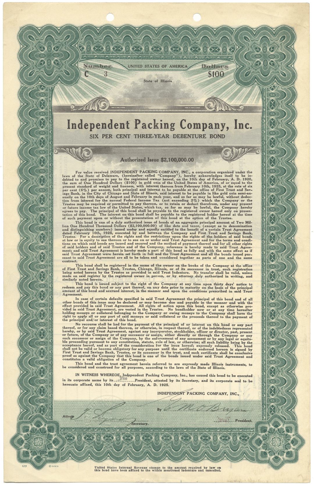 Independent Packing Company, Inc. Bond Certificate