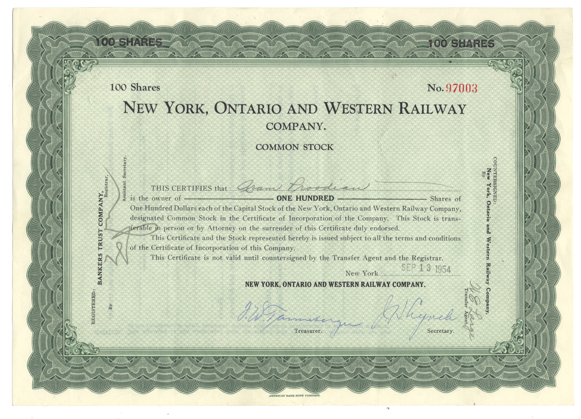 New York, Ontario and Western Railway Company stock certificate from 1954
