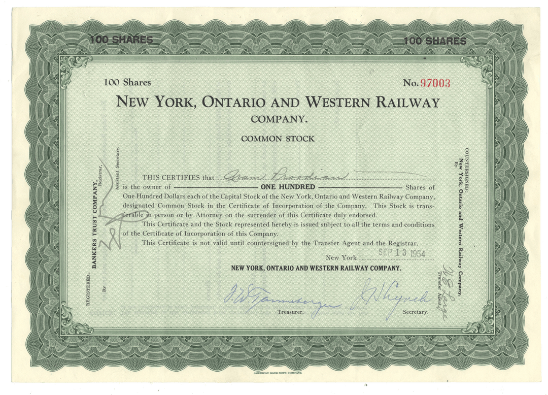 New York, Ontario and Western Railway Company stock certificate from 1954