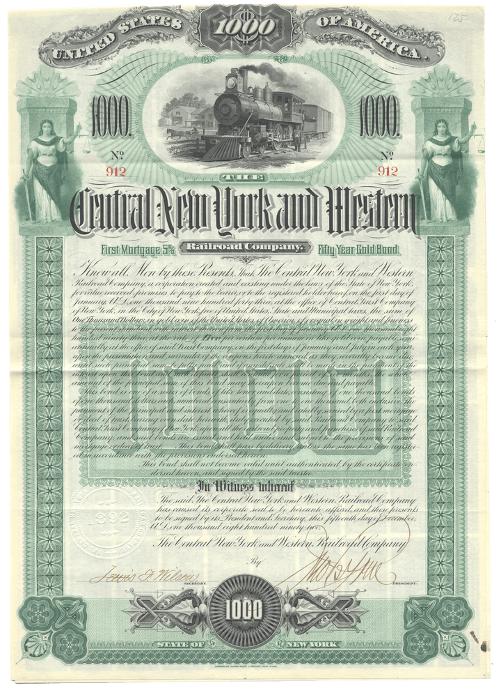 Vintage stock certificate for Central New York and Western Railroad Company with decorative elements and a train illustration from 1892
