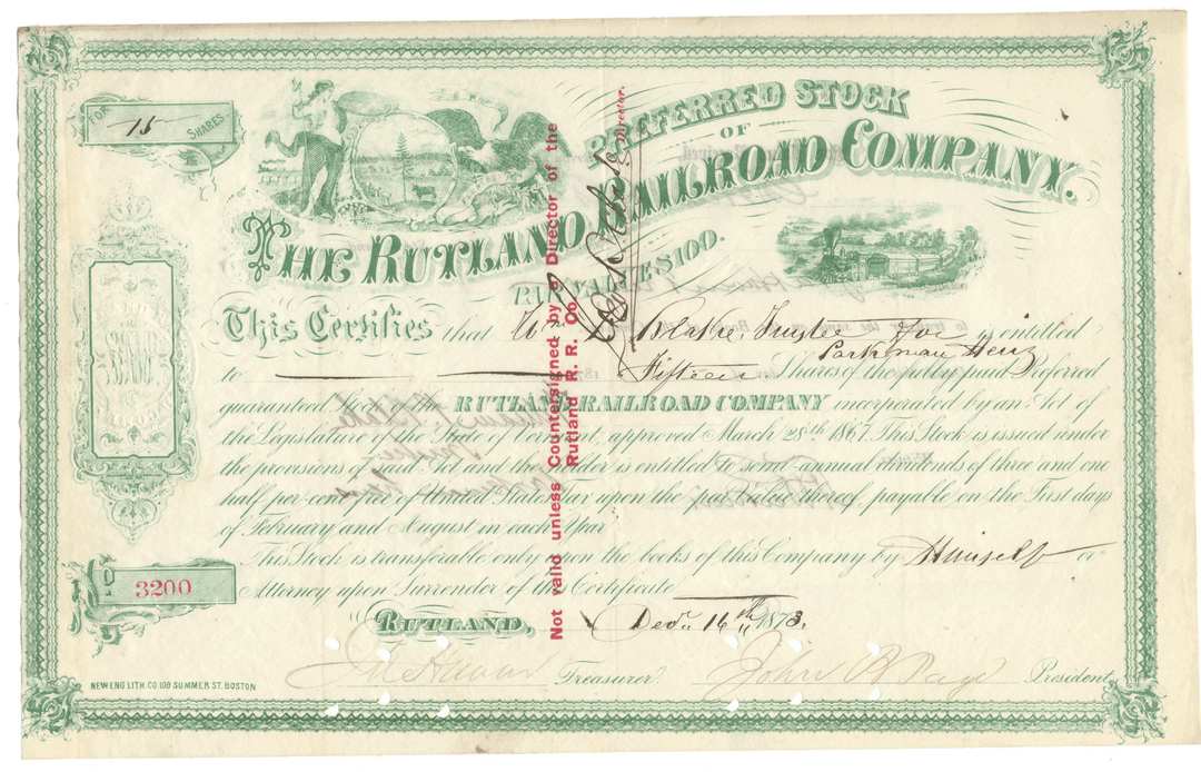Vintage stock certificate for Rutland Railroad Company from 1873