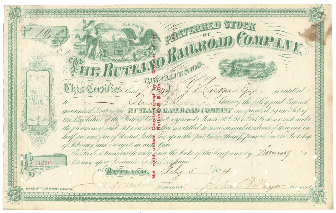 Vintage stock certificate of the Rutland Railroad Company from 1874