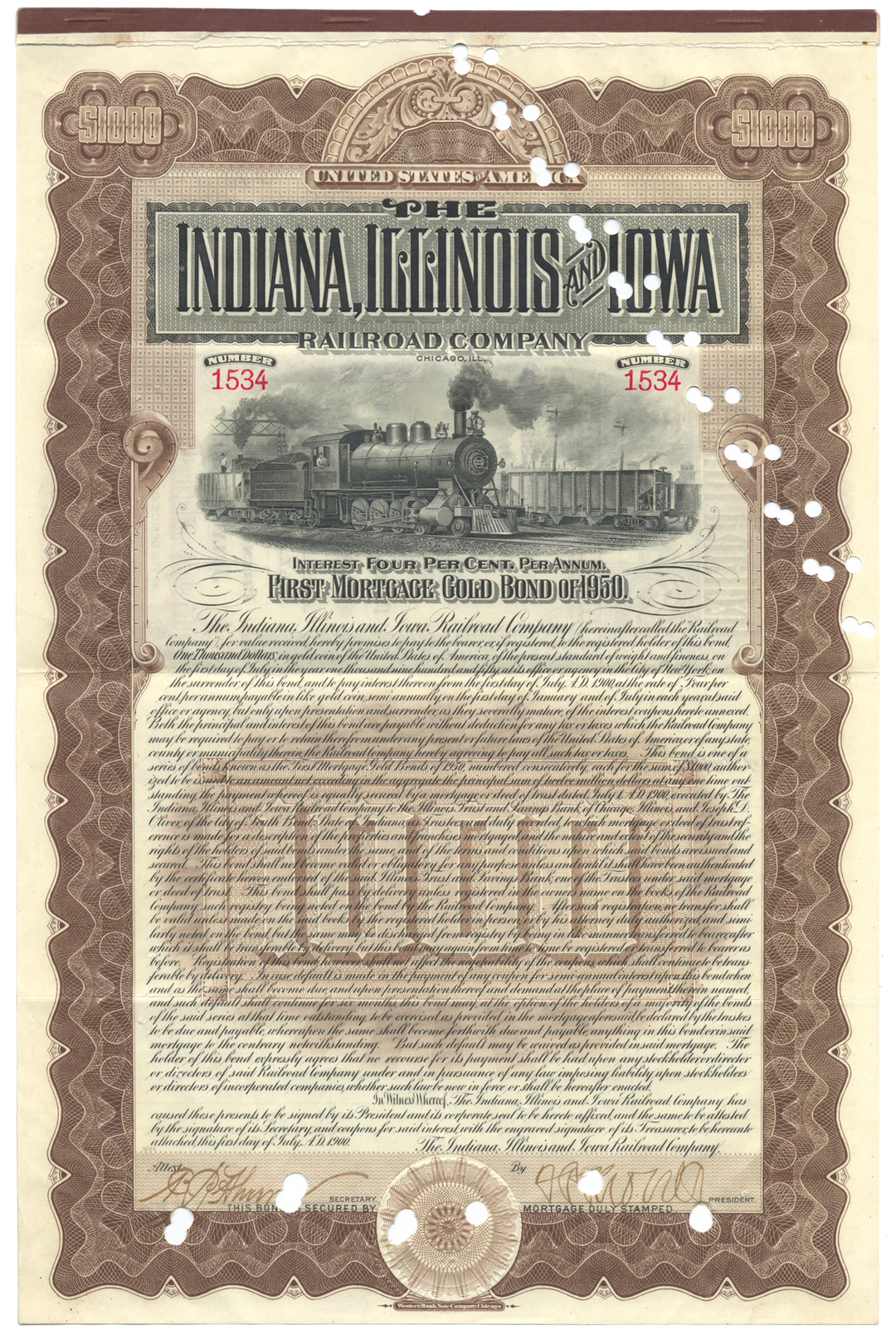 Indiana, Illinois and Iowa Railroad Company Bond Certificate