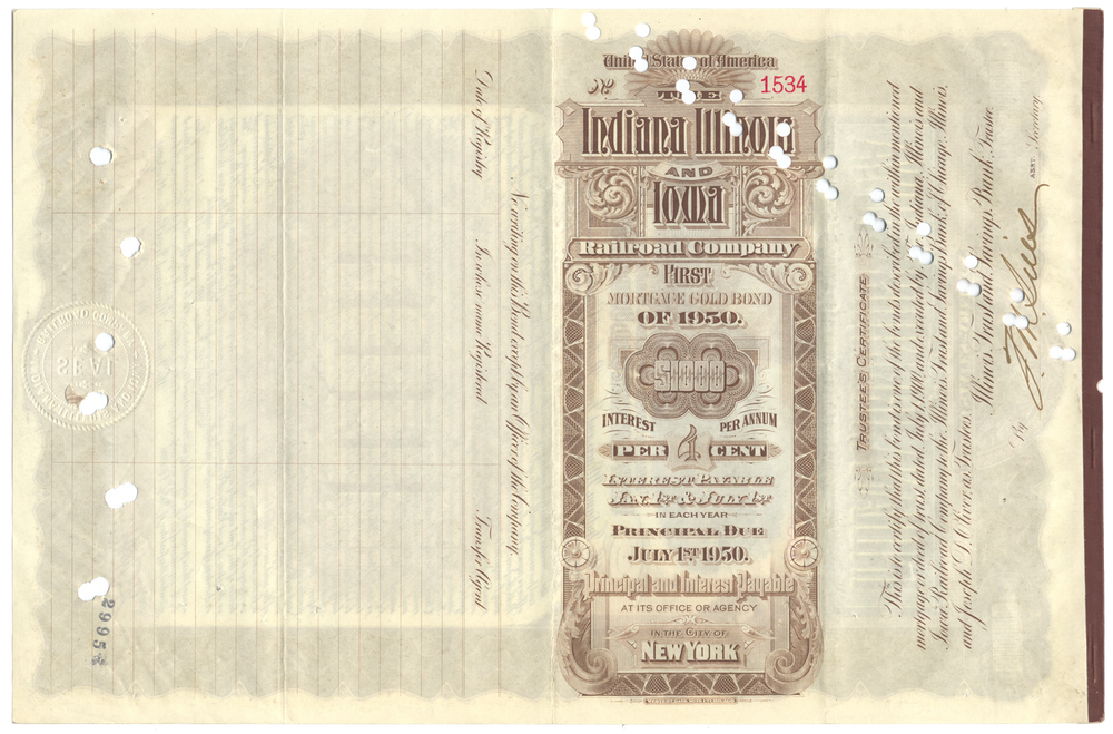 Indiana, Illinois and Iowa Railroad Company Bond Certificate