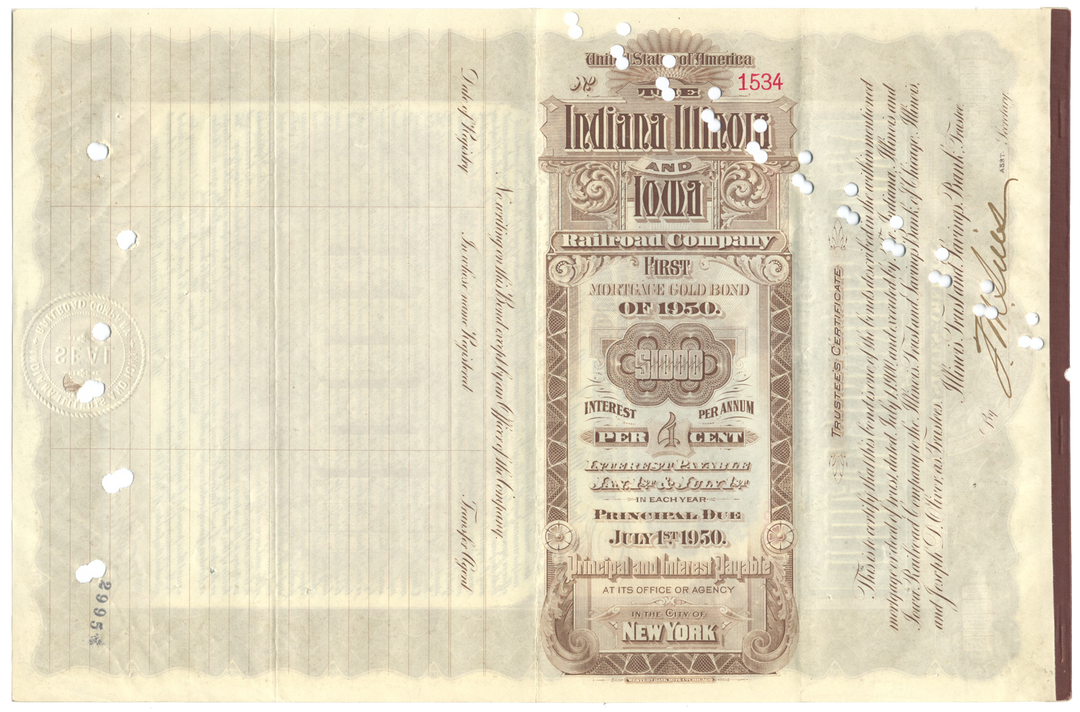 Indiana, Illinois and Iowa Railroad Company Bond Certificate