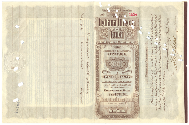 Indiana, Illinois and Iowa Railroad Company Bond Certificate