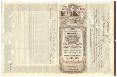 Indiana, Illinois and Iowa Railroad Company Bond Certificate