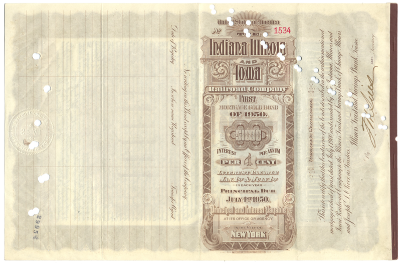 Indiana, Illinois and Iowa Railroad Company Bond Certificate