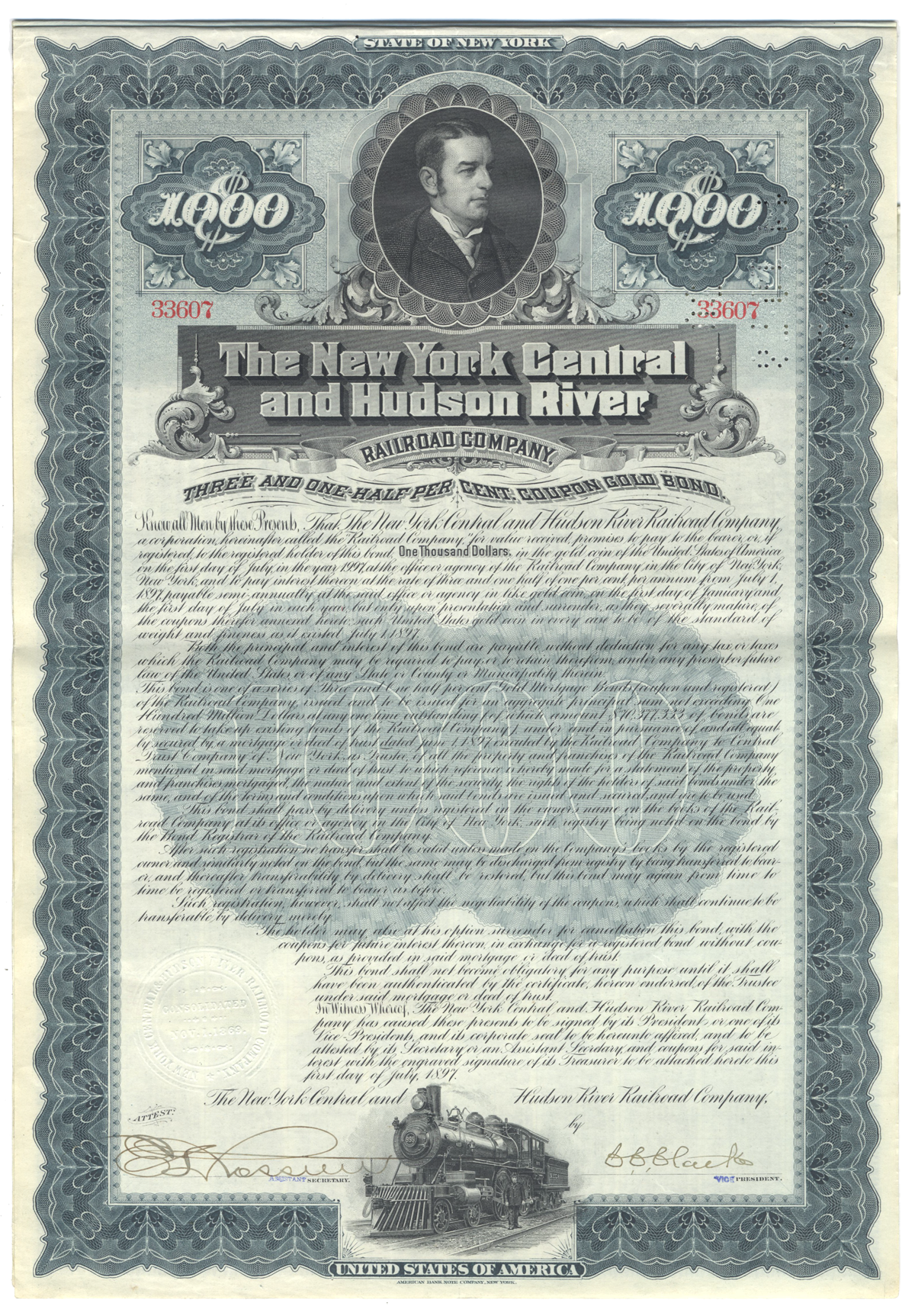 New York Central and Hudson River Railroad Company Bond Certificate