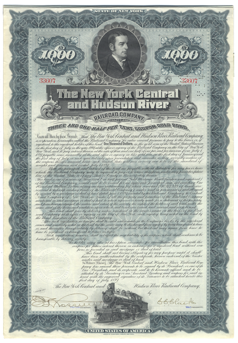 New York Central and Hudson River Railroad Company Bond Certificate