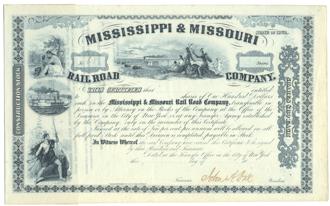 Mississippi and Missouri Rail Road Company Stock Certificate Signed by John Adams Dix