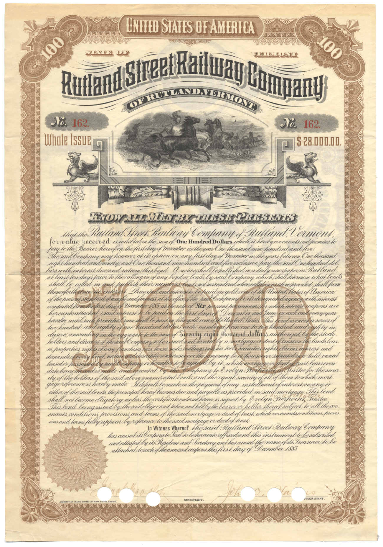 Rutland Street Railway Company Bond Certificate