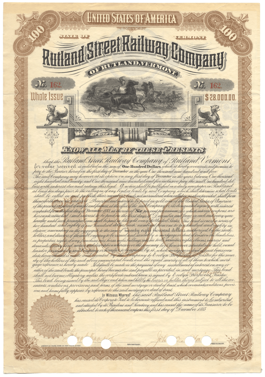 Rutland Street Railway Company Bond Certificate