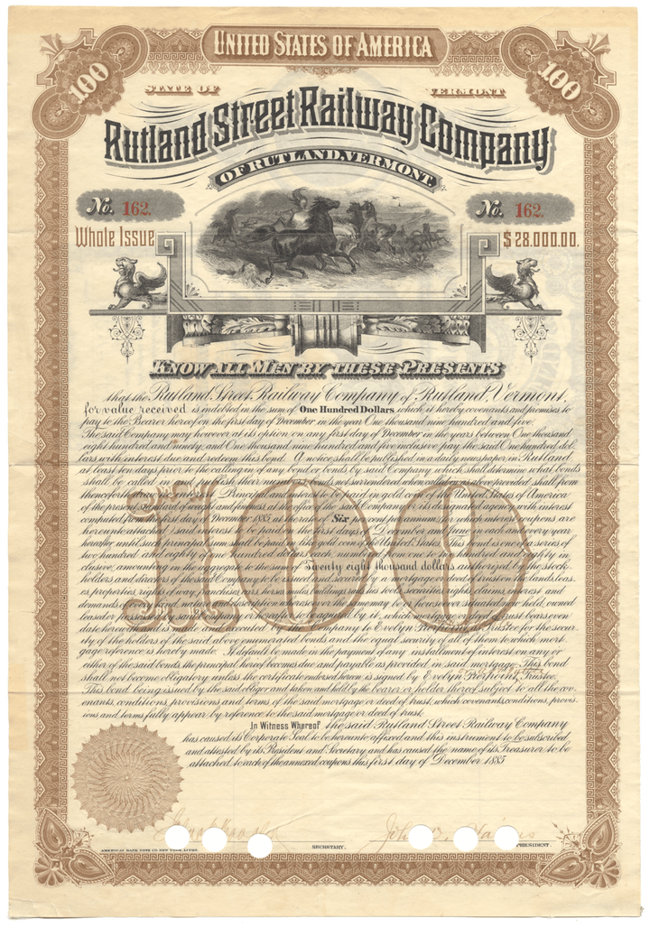 Rutland Street Railway Company Bond Certificate