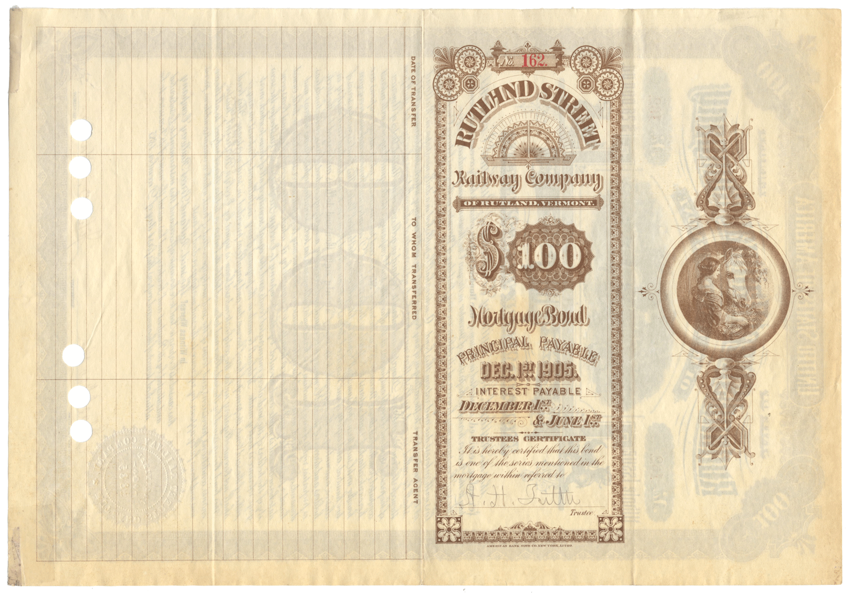 Rutland Street Railway Company Bond Certificate