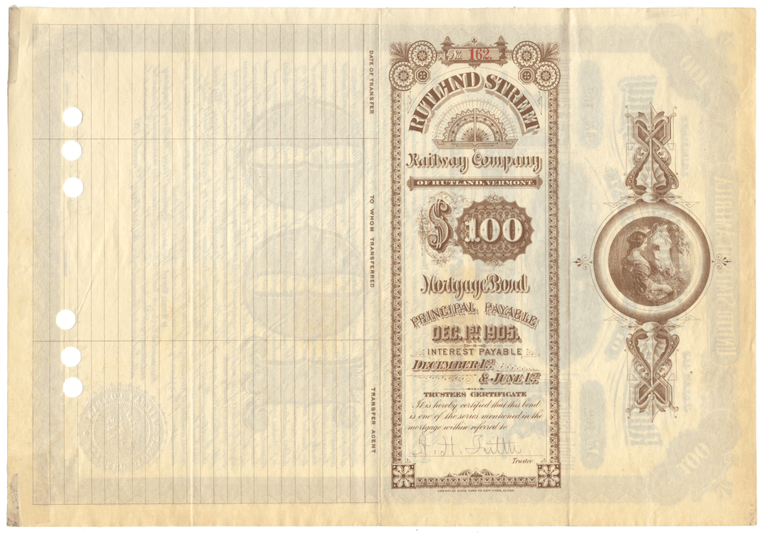 Rutland Street Railway Company Bond Certificate