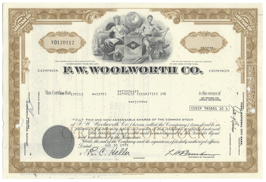 Vintage F.W. Woolworth Co. stock certificate dated 1973