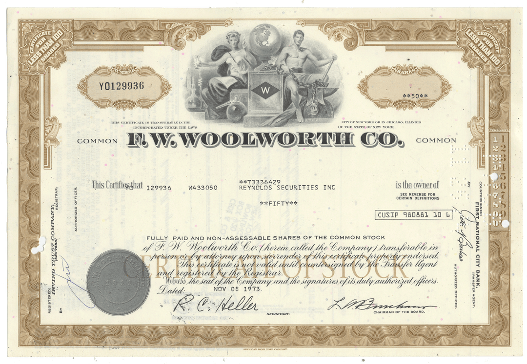 F. W. Woolworth stock certificate from 1973
