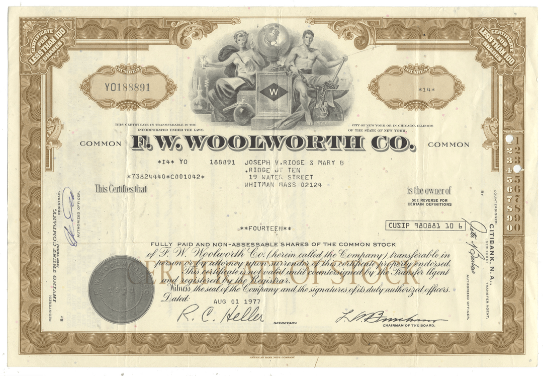 A vintage F.W. Woolworth stock certificate from 1977