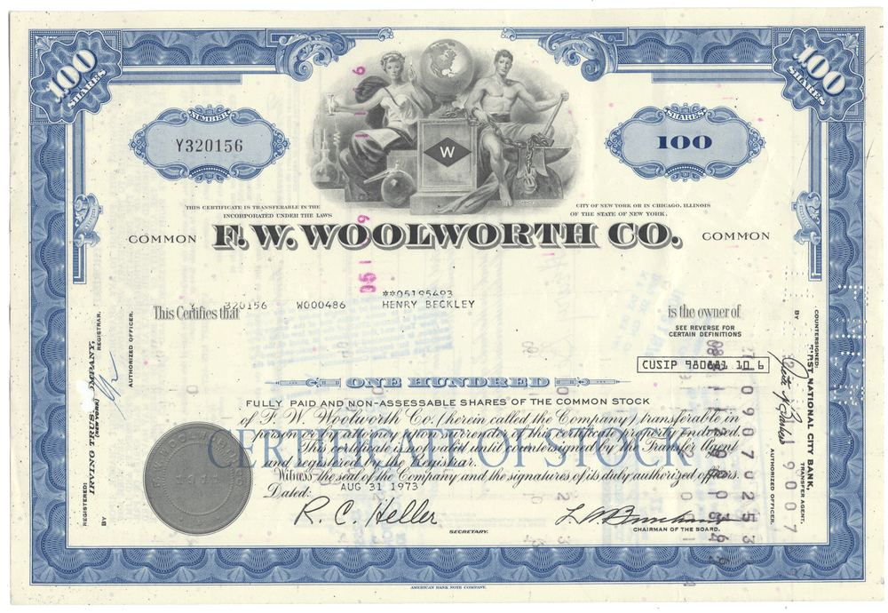 F.W. Woolworth Co. stock certificate with blue and white design