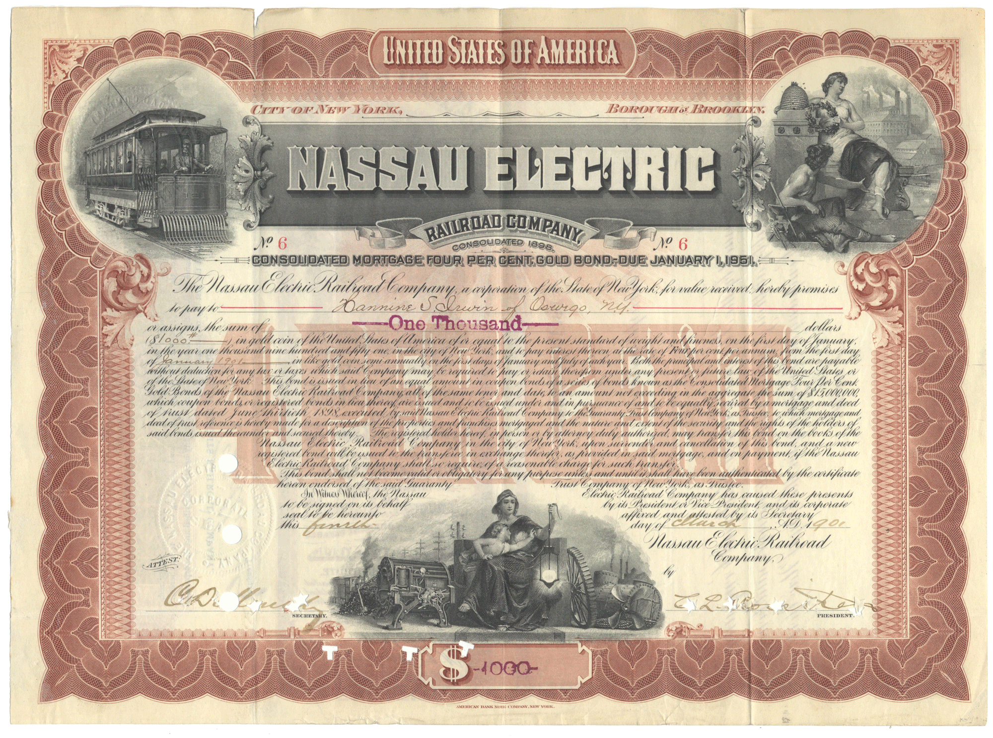 Nassau Electric Railroad Company bond certificate with decorative elements and text.